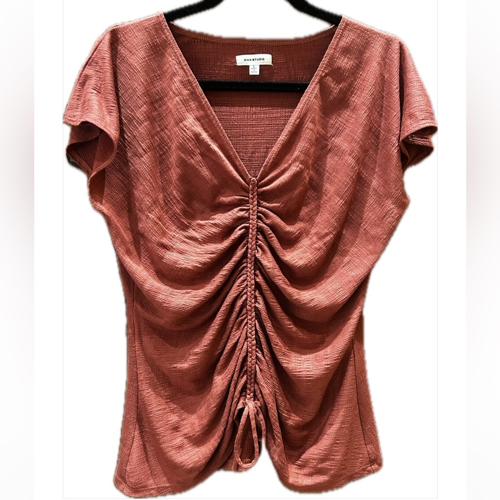 Max Studio Women’s Center Cinched Short Sleeve Top Shirt, Size L